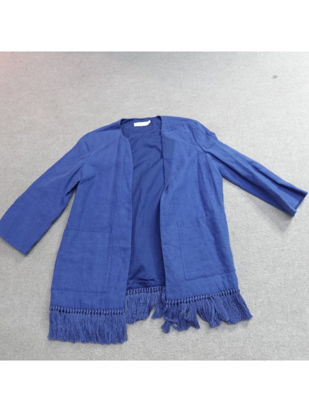 Tory Burch Cardigan Jacket 6 Blue Open Front Tassels Chore Linen